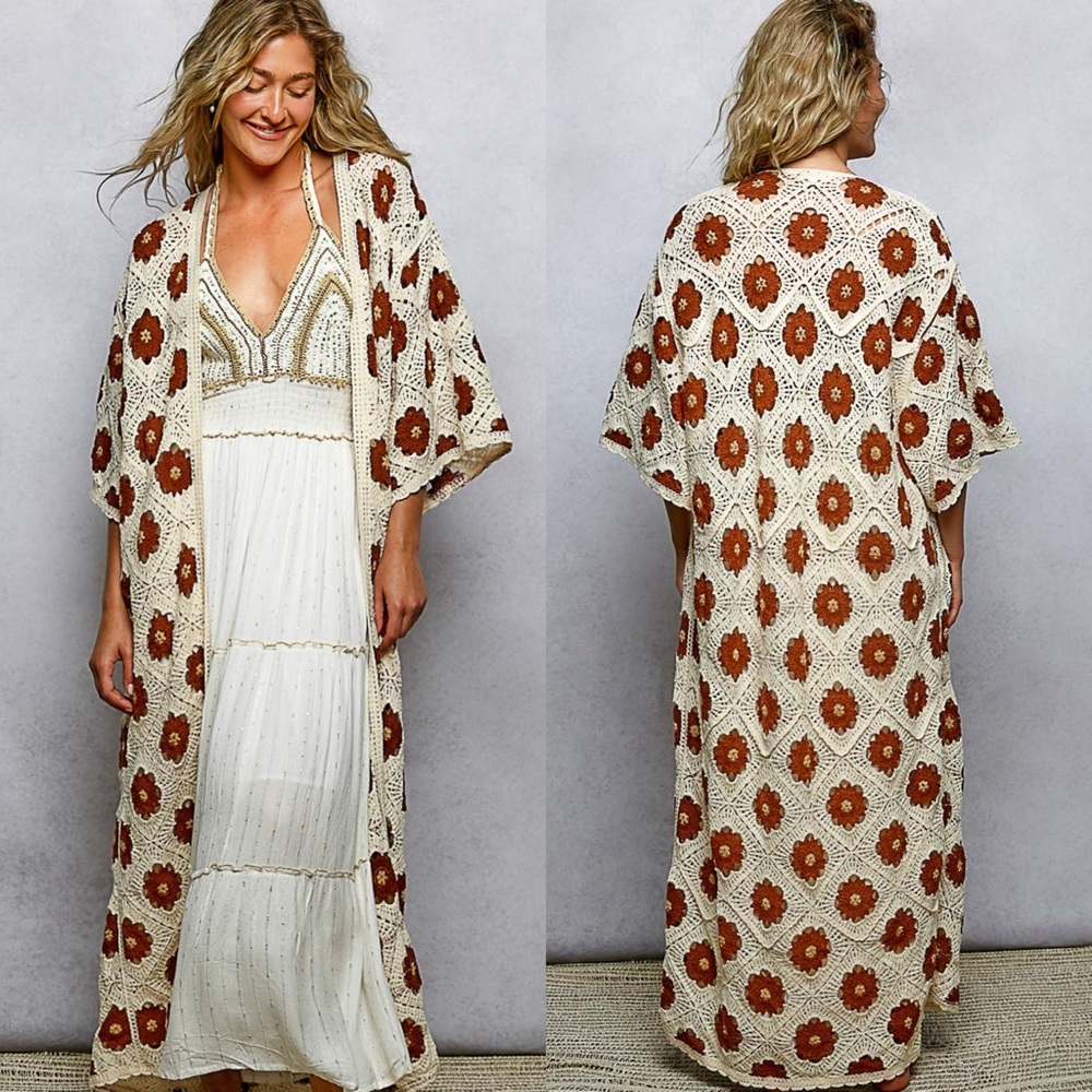 NEW POL Natural Choco Floral Granny Square Crochet Long Open Front Cardigan OS